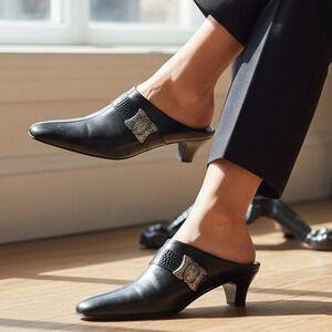 Brighton Rhyme Black Leather Mule Heels Snakeskin Buckle Size 9 M Italy Y2K